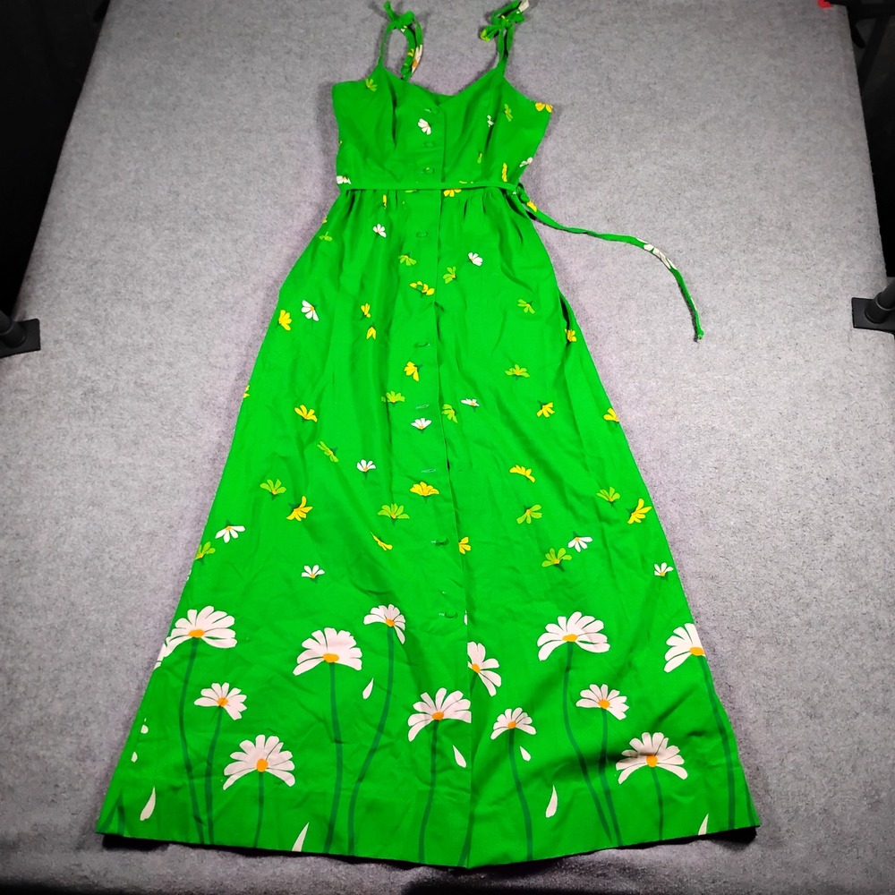 Malia Honolulu Vintage Green Daisy Floral Cotton Maxi Dress Size 6 Button Front
